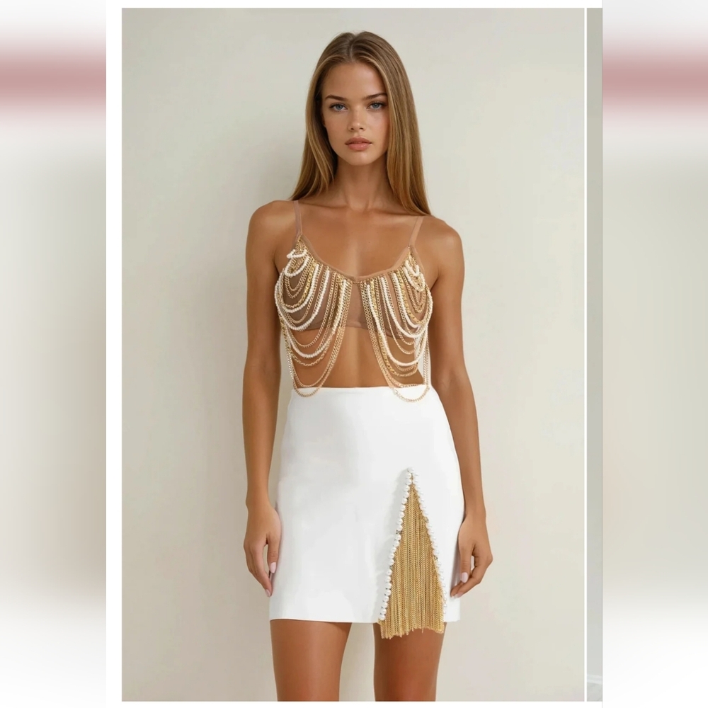 Missime Set--Gold CHAIN BRA TOP W S A LINE SKIRT W  PEARLS.  SZ m